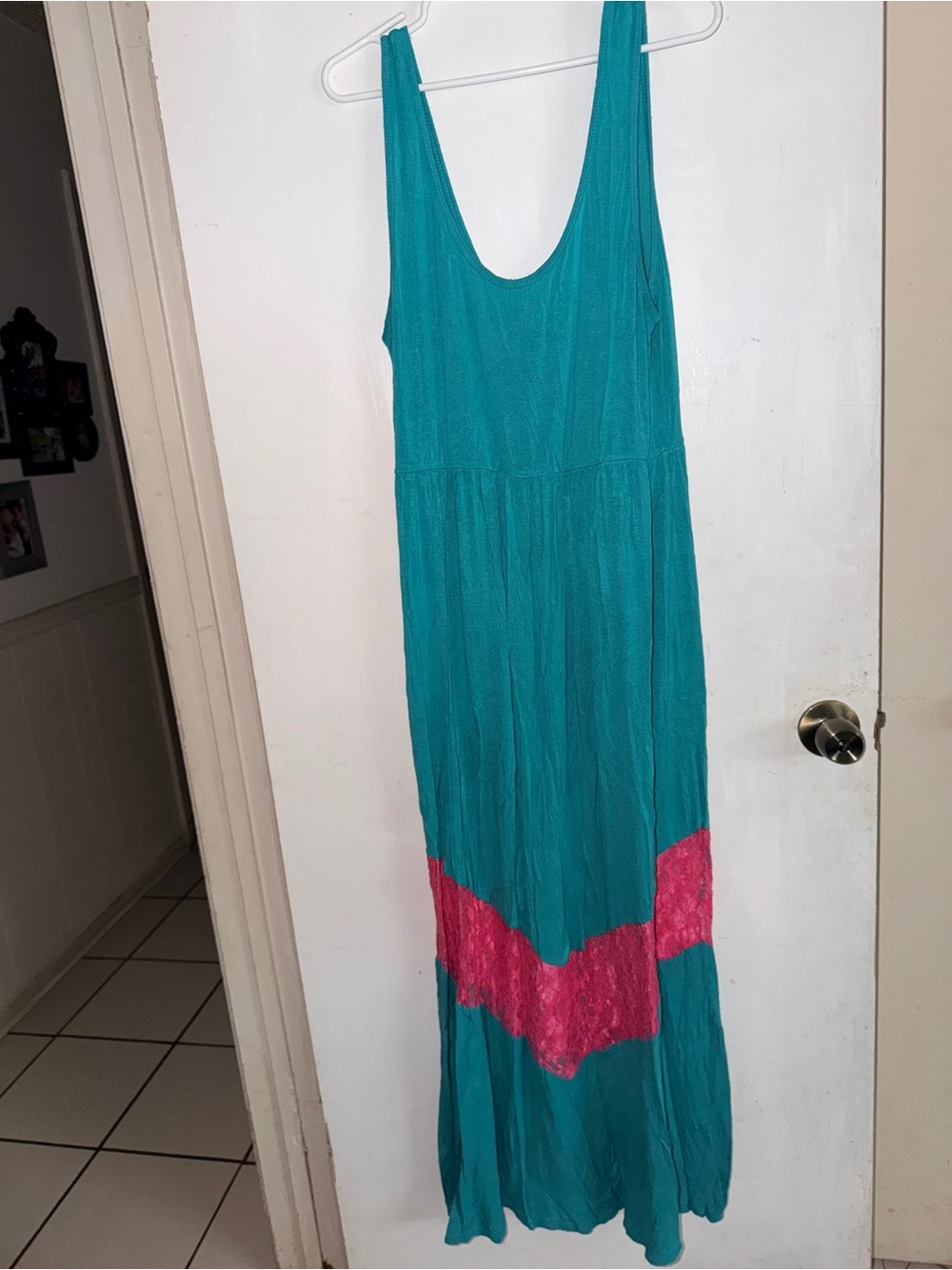 Teal Maxi Dress with Pink Lace Accent